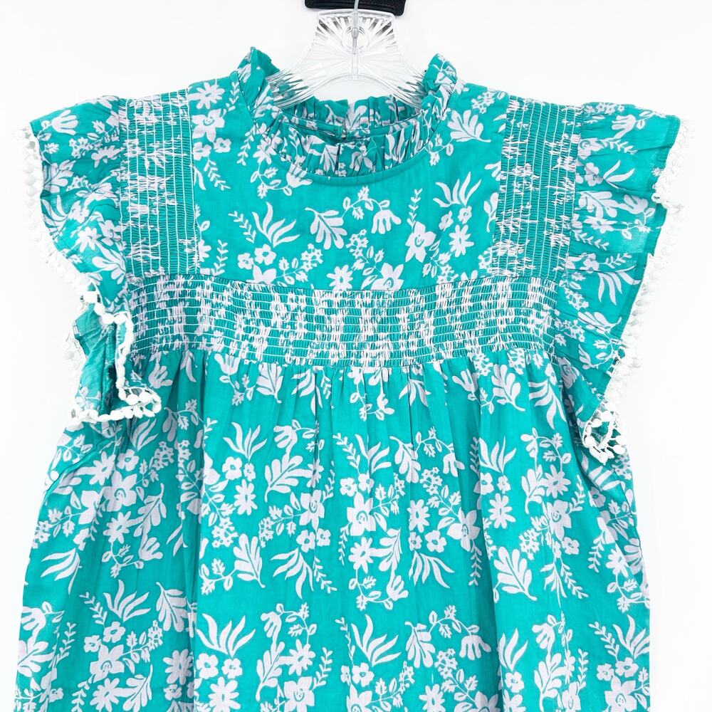 THML Teal Gray Lavender Floral Smocked Ruffle Sleeve Cotton Top Size Small - Picture 4 of 12